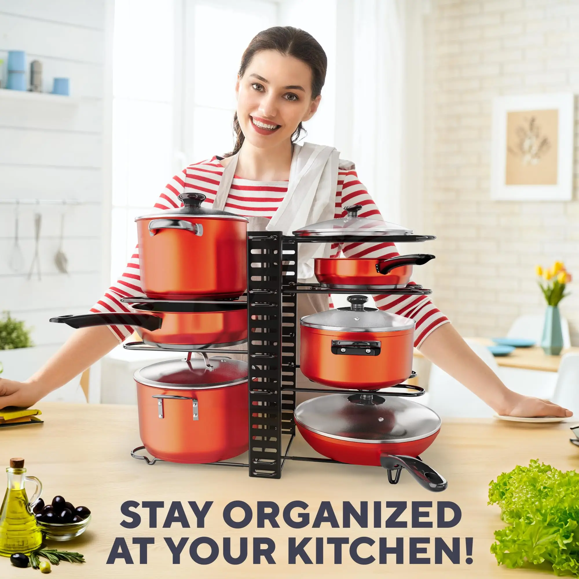 Pots and Pans Organizer Under Cabinet - 8-Tier Adjustable Pan Organizer Rack for Cabinet - Heavy-Duty Pot & Pan Organizer - Perf