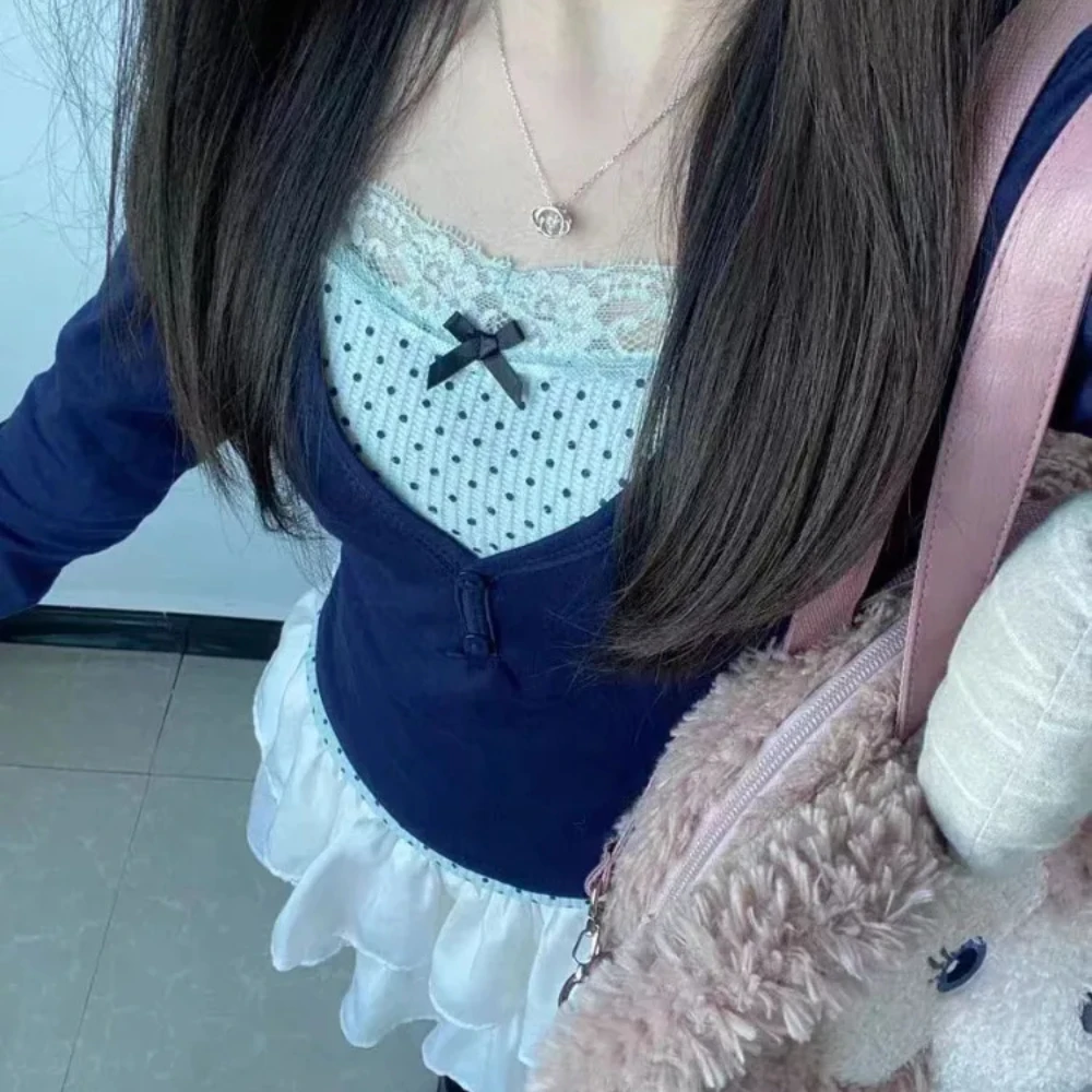 

Sweet Wave Point Кружевные лоскутные топы из двух предметов Mujer 2024, осенняя новая футболка для женщин Y2k, облегающая футболка с длинными рукавами