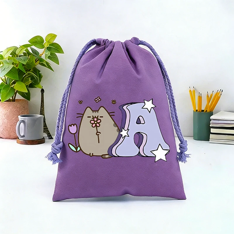 

Cute Pusheens Drawstring Bag Reusable Letters Kawaii Print Girl's Kids Birthday Party Hand Pocket Female Anime Gift Canvas Pouch