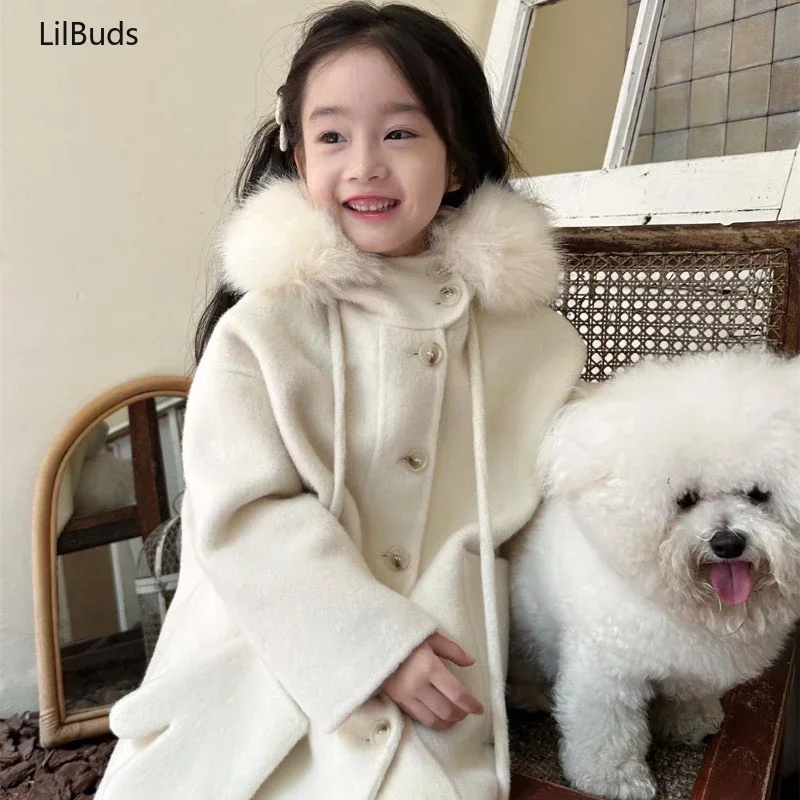 2024 Children\'s Vintage Alpaca Wool Double Sided Cashmere Handmade Outerwear Outdoor Girl\'s Coat White Hooded Clothing Winter