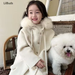 2024 Children's Vintage Alpaca Wool Double Sided Cashmere Handmade Outerwear Outdoor Girl's Coat White Hooded Clothing Winter