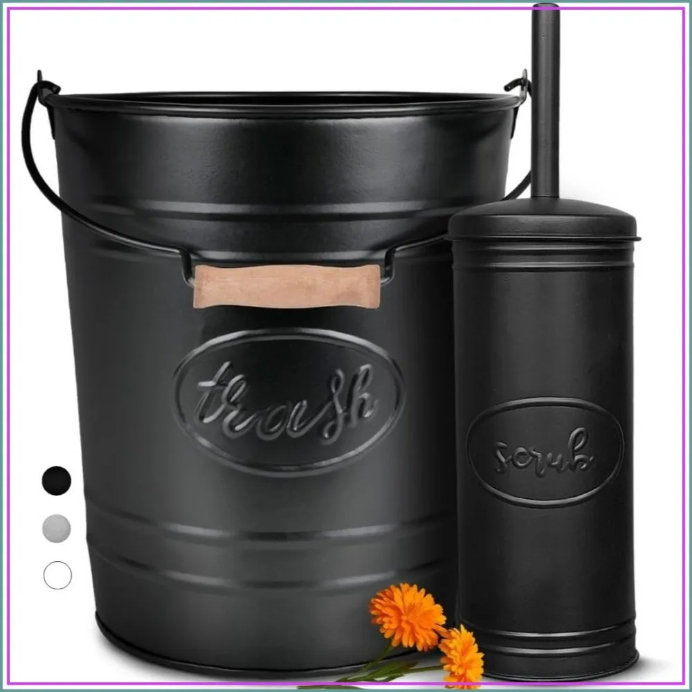 Rustic Farmhouse Bathroom Trash Can & Toilet Brush Set - Galvanized Steel, Wood Handle, Space-Saving, 2 Gal