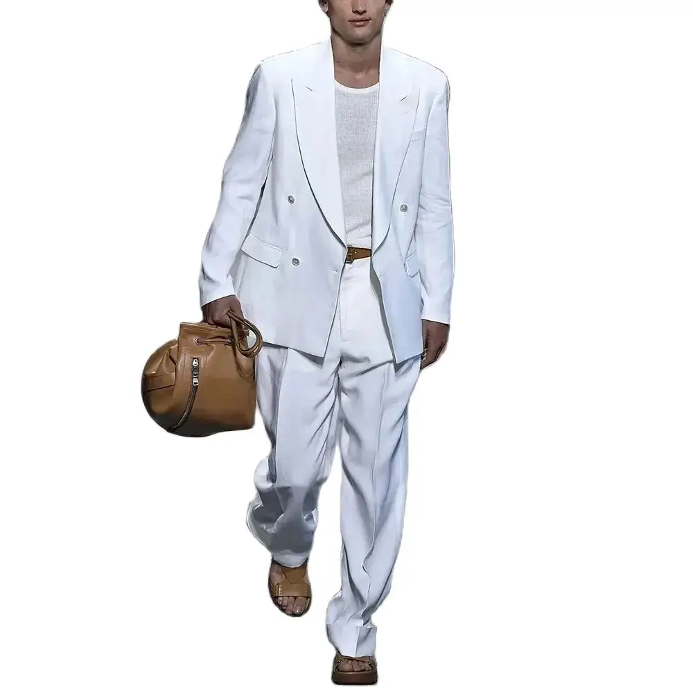 Abiti bianchi solidi per uomo 2 pezzi Chic risvolto a punta doppio petto abiti moda casual formale laurea smoking da sposa 2023