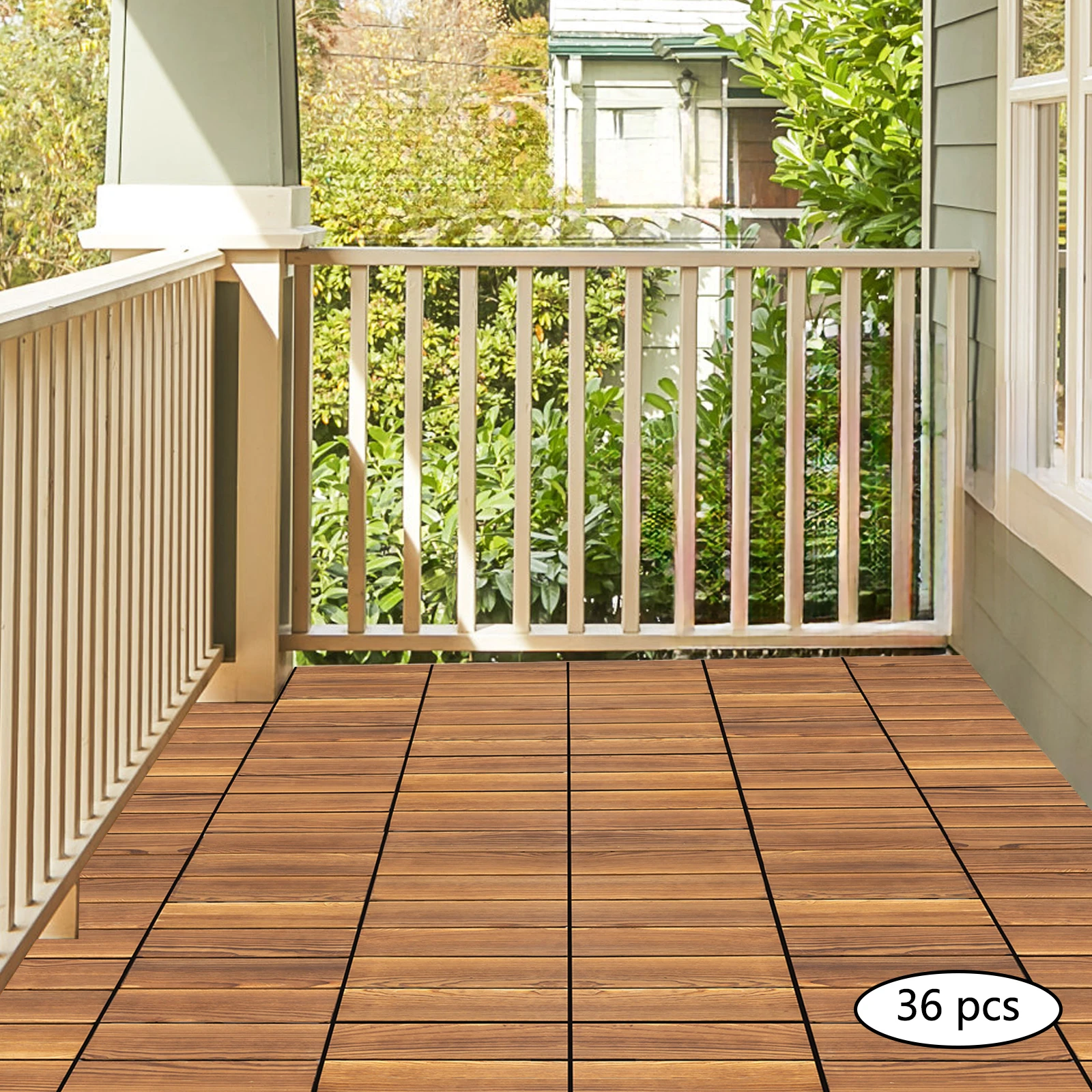 

36 Pack 12x12 Hardwood Interlocking Patio Tiles - Waterproof Durable Wood Flooring for Outdoor Patio Deck Balcony Poolside