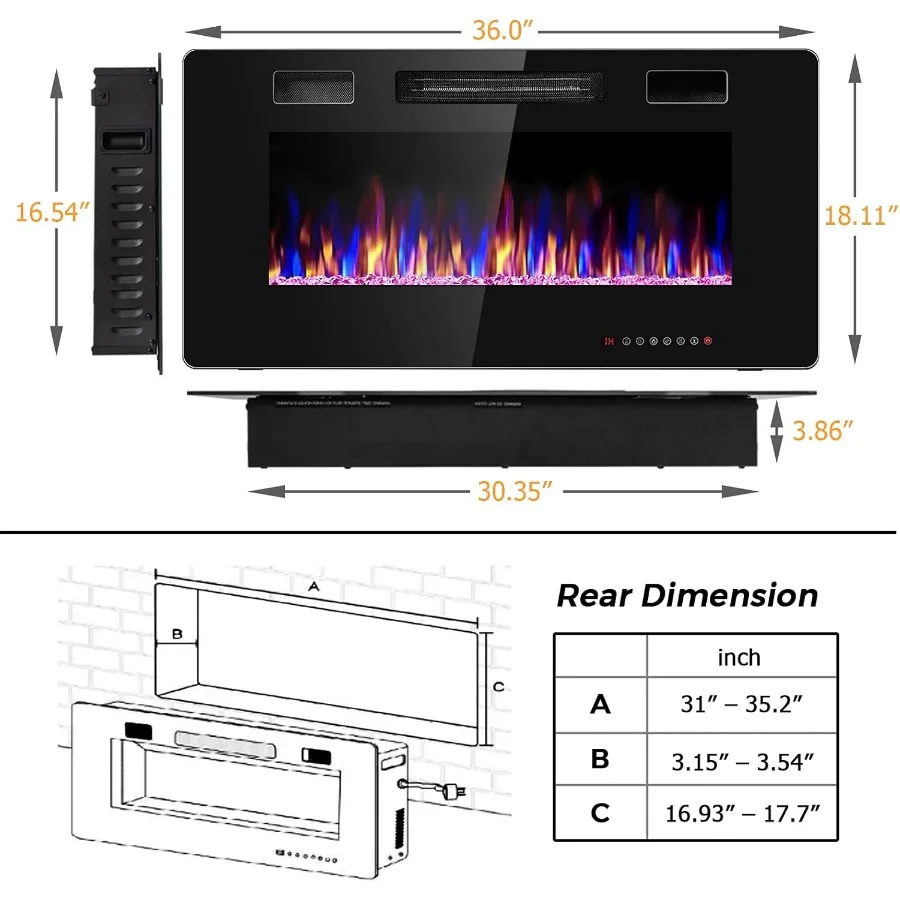 مدفأة كهربائية مقاس 36 بوصة مثبتة على الحائط مع جهاز تحكم عن بعد للاستخدام الداخلي غطاء تسخين 750 وات/1500 وات