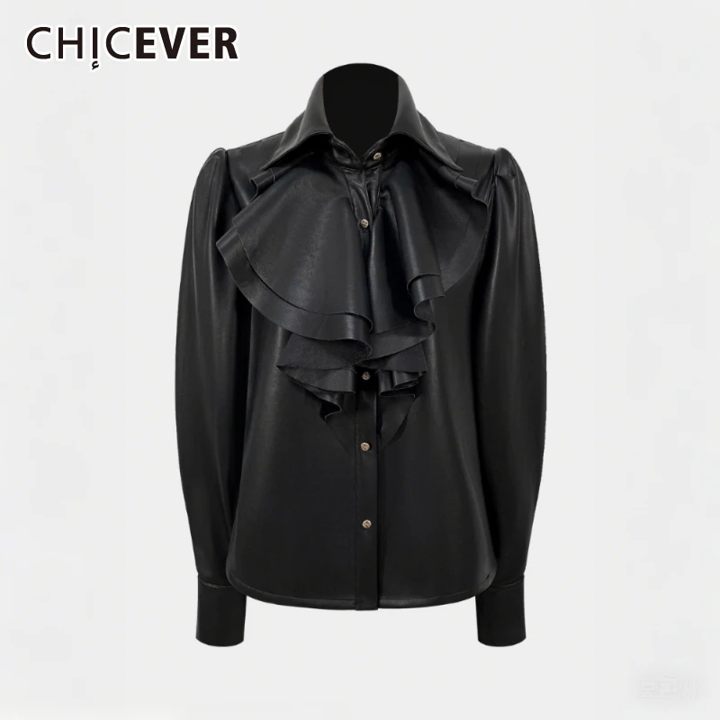 

CHICEVER England Style Patchwork Leather Shirts for Women Lapel Long Sleeve Spliced Single Breasted Formal Blouses Female Spring