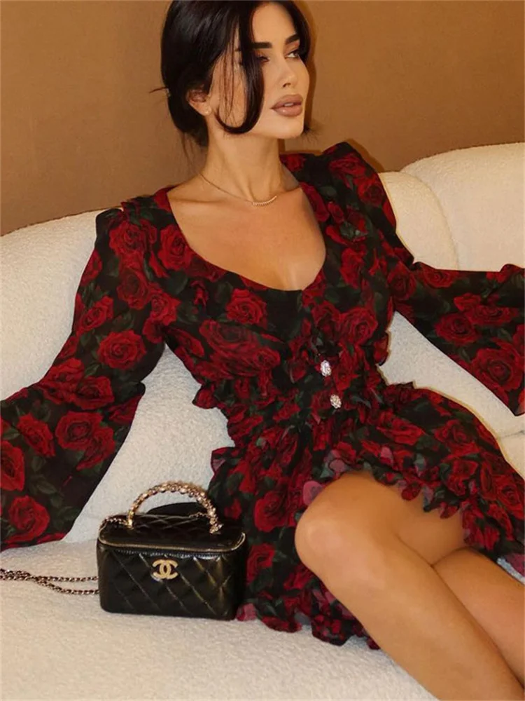 Tossy プリント V ネックパッチワークミニドレス女性フリル長袖ハイウエストファッション通勤パーティードレス女性コントラストドレス