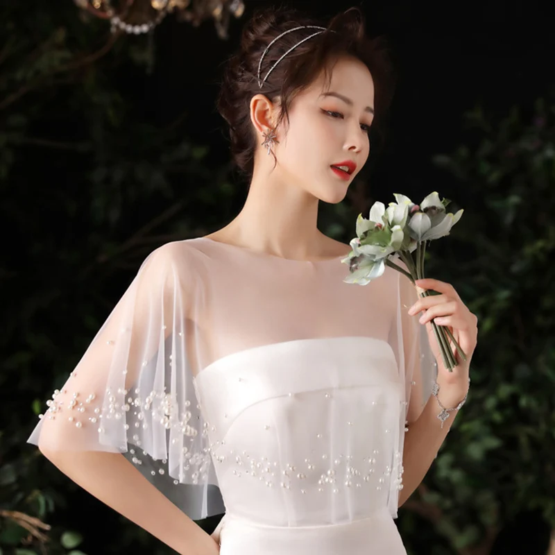 New Women's Wedding Dress White Lace Mesh Wrap Shawl Simple Fashion Soft Lace Shawl Jacket With Pearl Embroidery Irregular