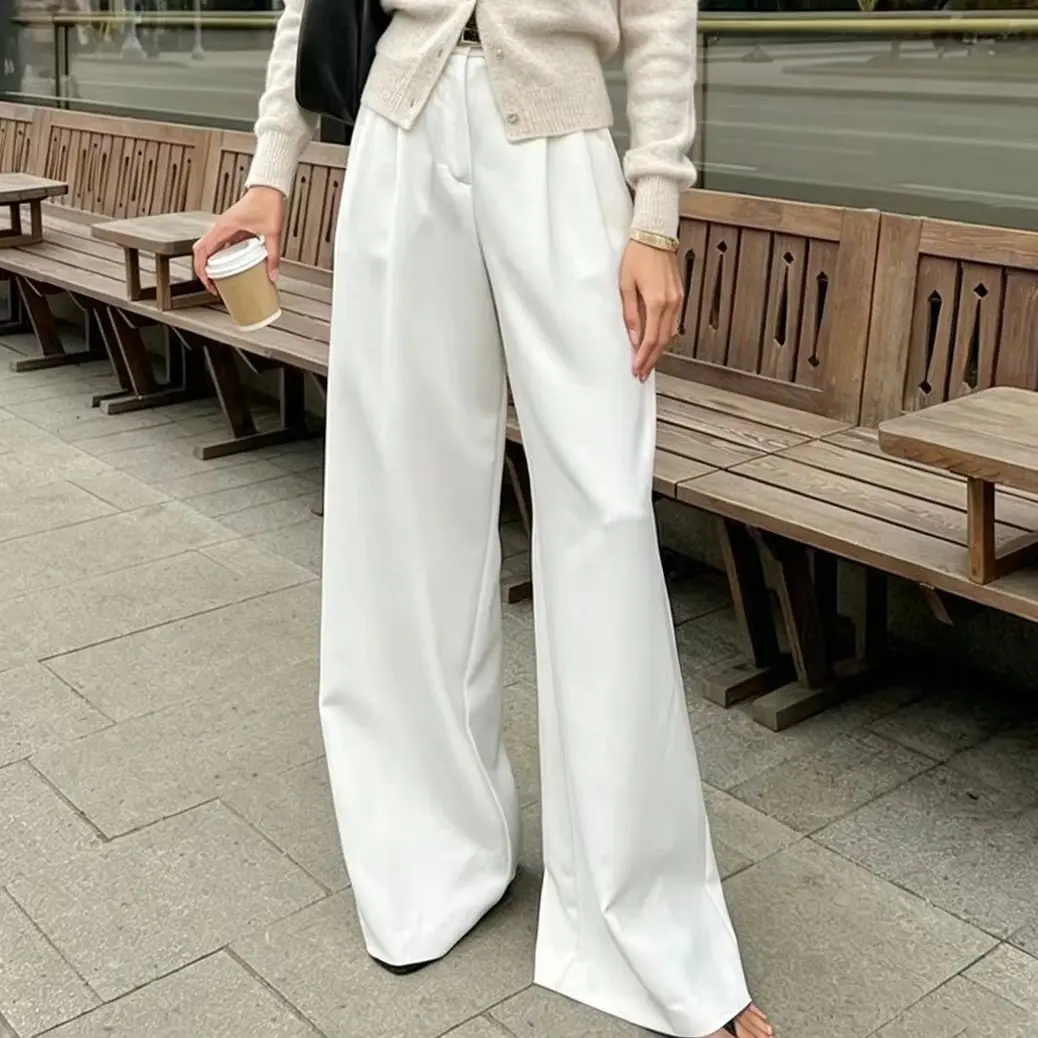 WXOY Women High Waist Wide Leg Pants Streetwear Simple Pure White Daily Wear Office Lady Casual Loose Pleated Trouser