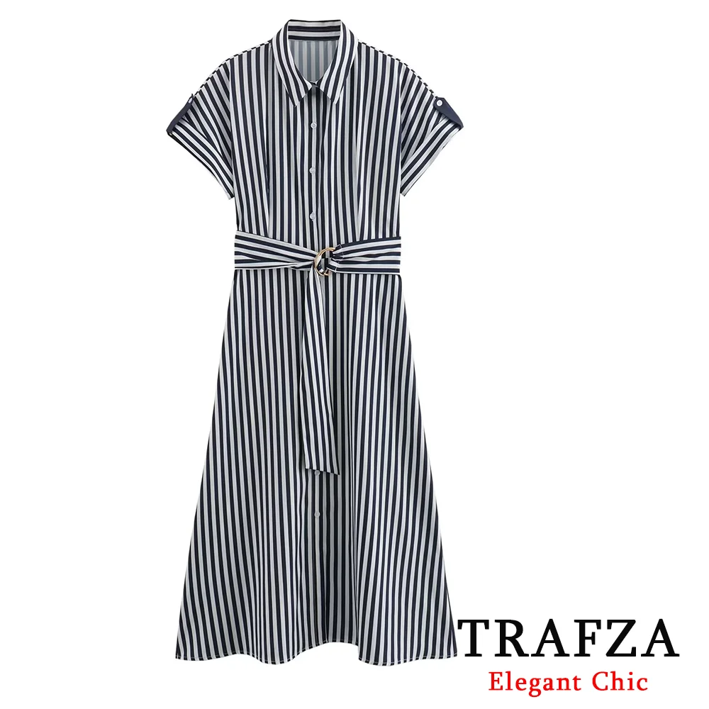 TRAFZA Classic Casual Striped Dress Women\'s Blazer Neck  Dress with Belt New 2024 Summer Fasion Office Lady Dress