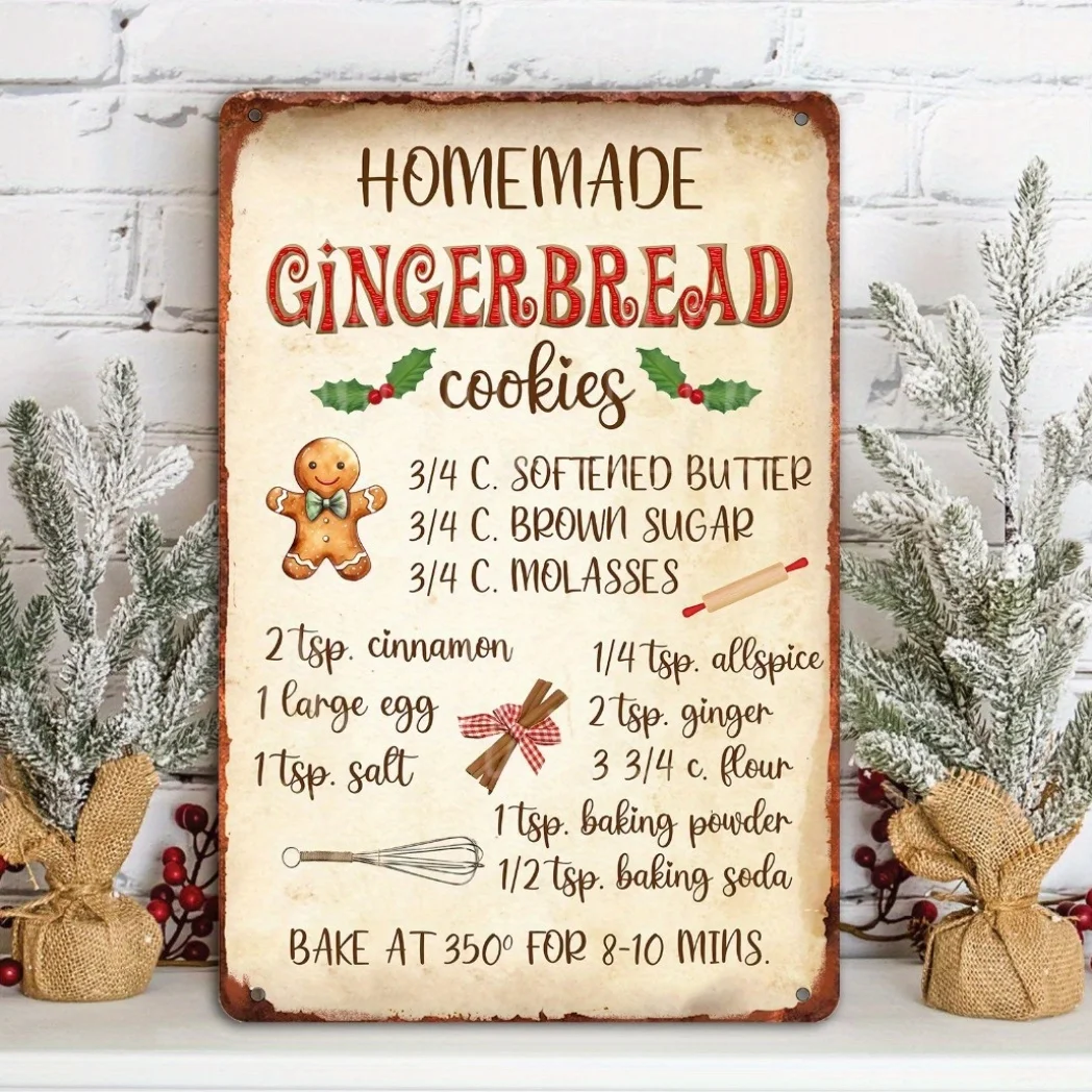Christmas-Themed Metal Signs Featuring Recipes for Homemade Gingerbread Cookies, Perfect for Decorating Your Kitchen, Cafe