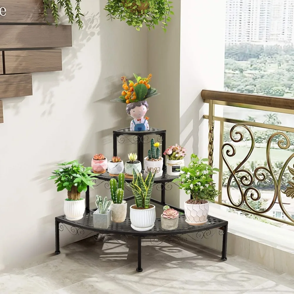 

3 Tier Quarter Round Plant Display Holder Storage Shelves, Metal Corner Shelf Planter Shelving Ladder Plant Stand for Outdoor