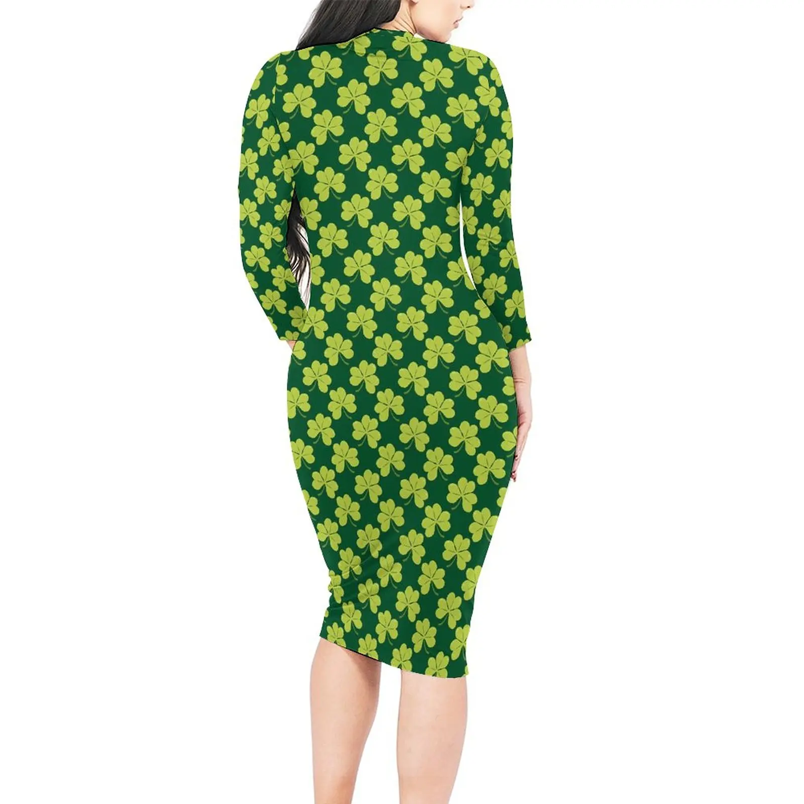 Clover Shamrock Dress Long Sleeve Cute Green Leaf Kawaii Dresses Spring Ladies Aesthetic Graphic Bodycon Dress Large Size