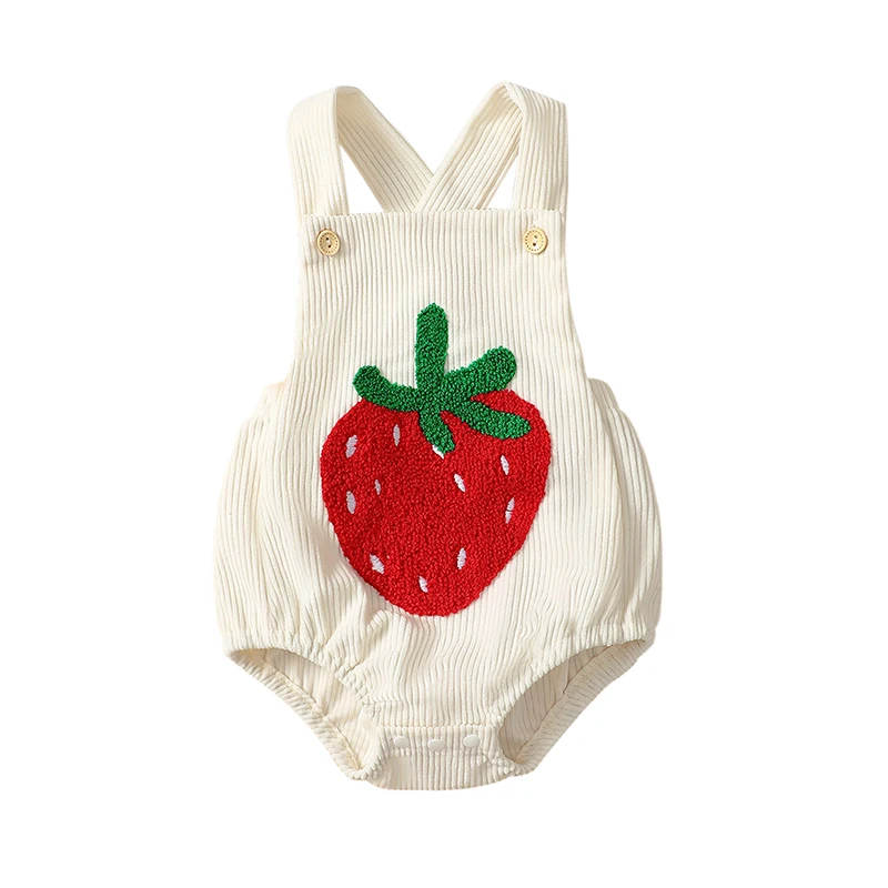 Infant Baby Girl Overalls Rainbow/Strawberry Embroidery Square Neck Sleeveless Ribbed Romper