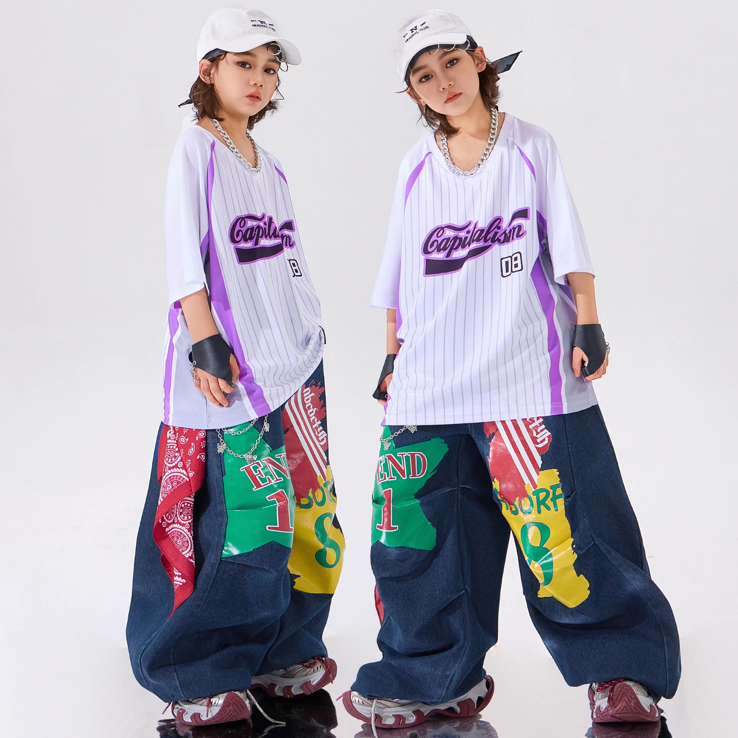 Hip Hop Outfit Tshirt Boys Graffiti Joggers Denim Pants Girls Street Dancewear K-pop Children Streetwear Kids Jazz Clothes Sets view 3