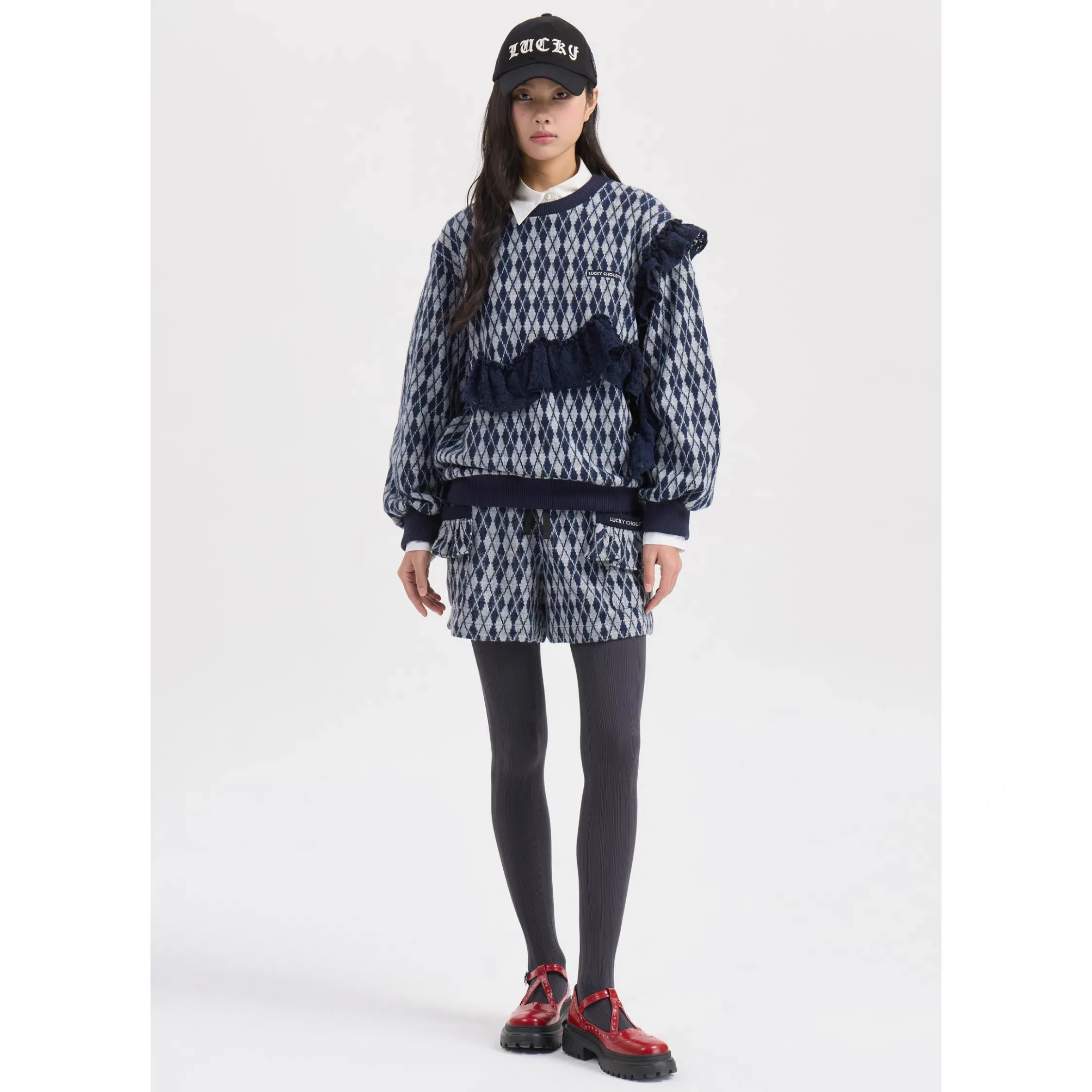 

Женский вязаный свитер Lemon Remote LUC26 с круглым вырезом, рукавами-фонариками и ромбовидным узором, универсальный, для повседневной носки, модный, омолаживающий, весенний