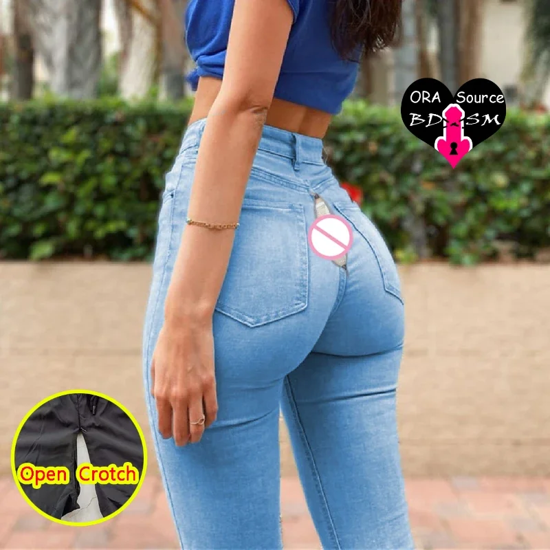 Woman Open Crotch Sexy Jeans Pants Crotchless Denim Fitness Sport Booty Push Up Hidden Zipper Intimate Outdoor Exotic Panties