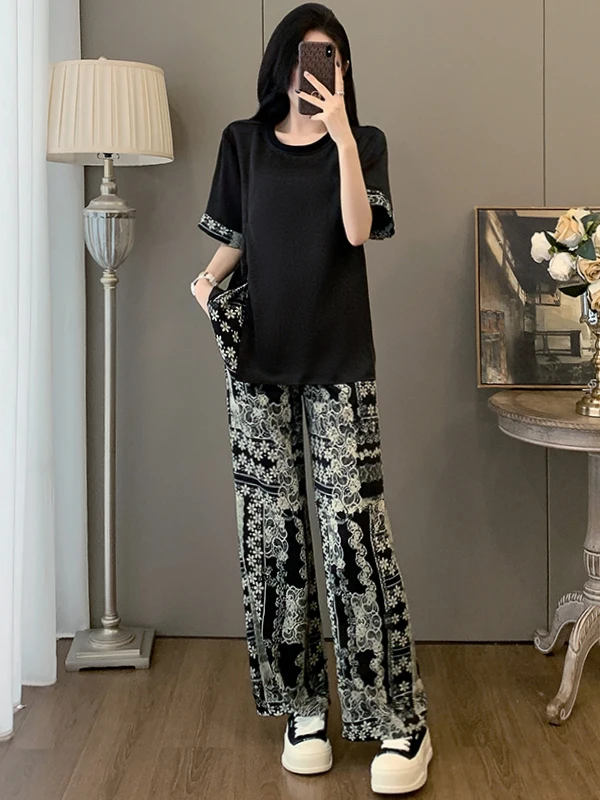 

Laoqian Style Casual Sportswear Set Women Summer Design Slimming Black Short Sleeve T-Shirt Ice Silk Wide Leg Pants Two Piece...