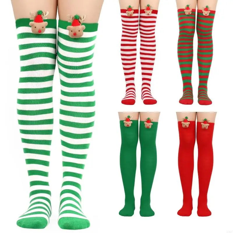 40GC Striped Over Knee Thigh High Socks 3D Plush Reindeer Stocking for Christmas