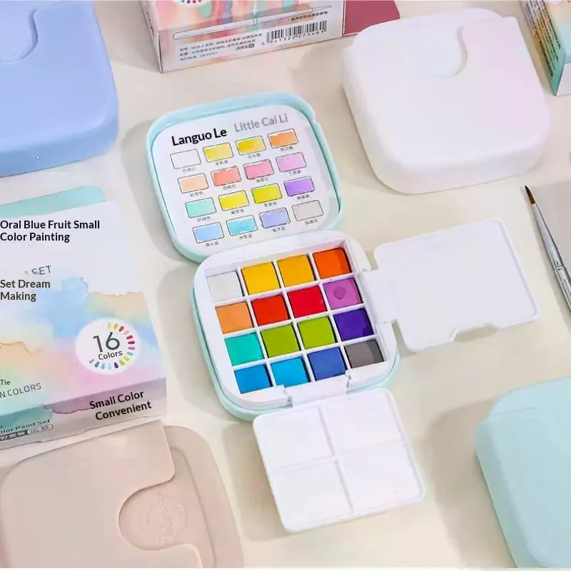 

1 комплект, коробка для рисования эскизов, 16 цветов, мини-набор однотонных акварельных красок с кистью и палитрой для художественного рисования, эскизов