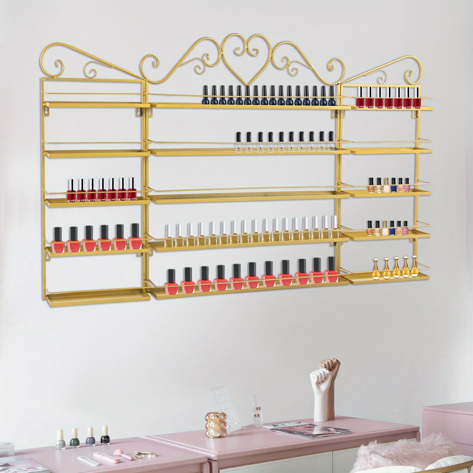 5 Layer Wrought Iron Wall Nail Art Display Rack Three Piece Set - Golden, , High-quality, Used for A Long Time