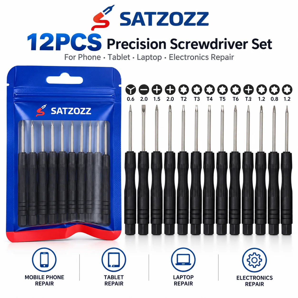 SATZOZZ 12-teiliges Präzisions-Schraubendreher-Set für Handy- und Tablet-Reparaturen, magnetisches Mini-Torx-Phillips-Pentalobe-Y-Werkzeugset – Detail 1