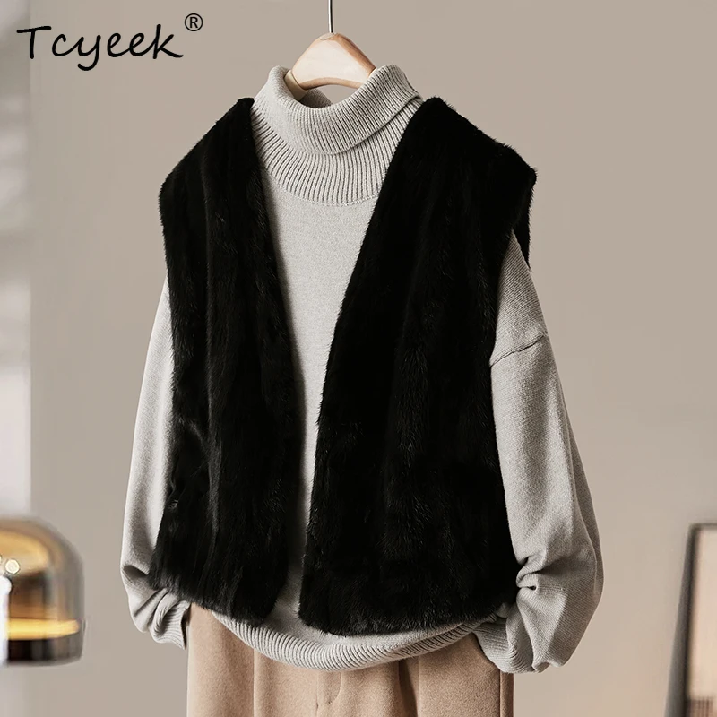 Kamizelka z prawdziwego futra norek Tcyeek, damska odzież zimowa, ciepły płaszcz bez rękawów z prawdziwego futra, nowość w kategorii płaszczy, patchworkowa kamizelka damska z futra norek, fourrure femme.