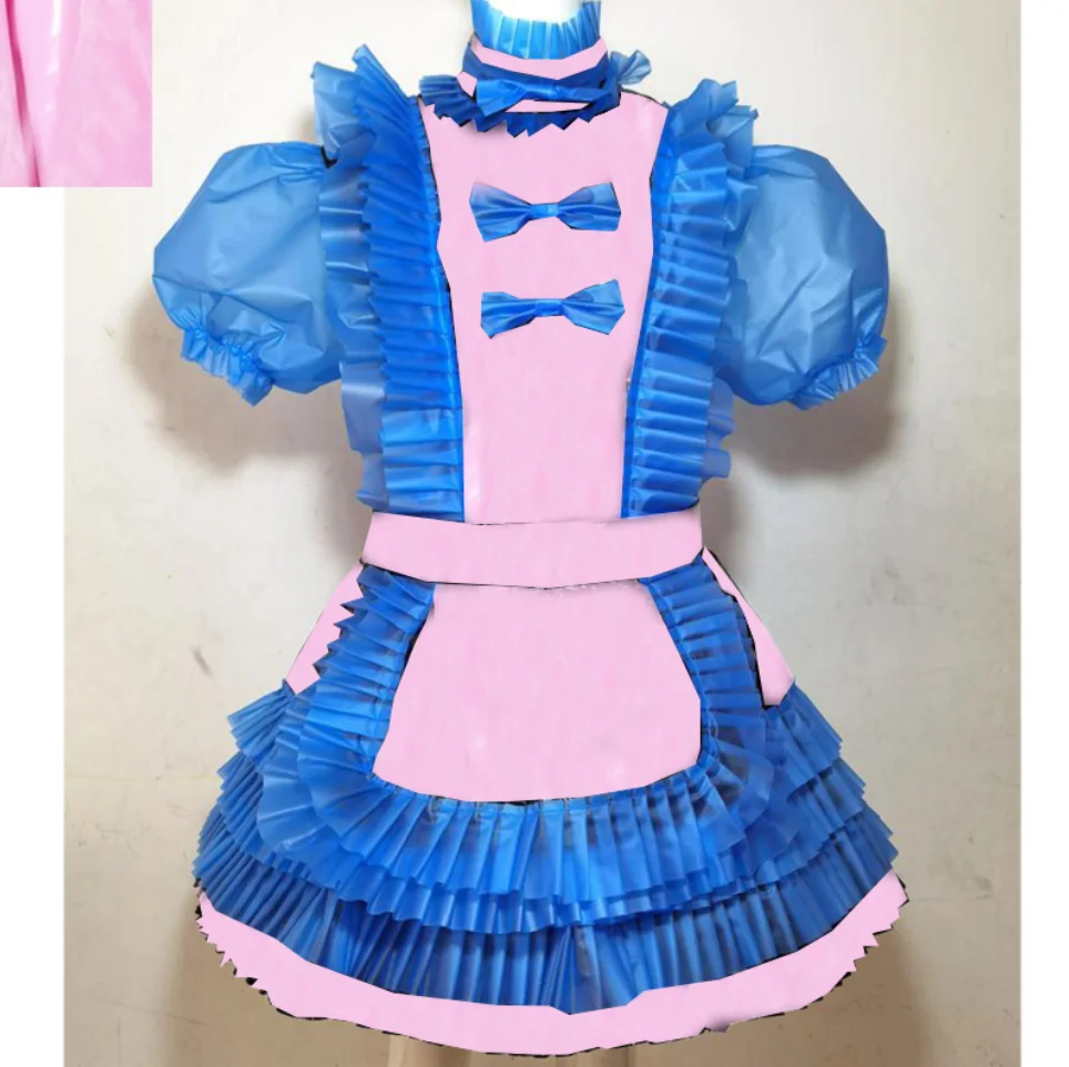 Adult Giant Baby Sexy Girl Blue Thin Semi Transparent PVC Girly Dress with Black Stitching Maid Role-playing Gothic Lockable