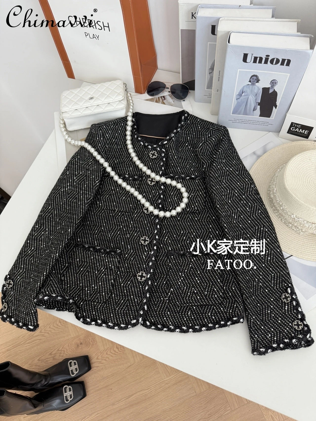 

French Fashion Tweed Jacket Women Autumn Winter New High-end Long Sleeve Black Heavy Light Luxury Commuting Elegant Coat Top