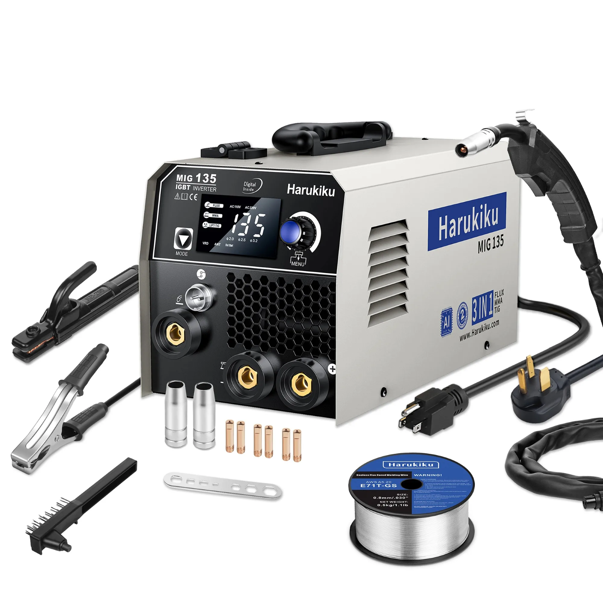 Harukiku 130A Gasless Flux Core Self-Shielded MIG Welder MIG Welder 110/220V Double Voltage 3 in 1 Flux Stick Lift-TIG Welding Machine  with AI Synergic Chip Easy to Use Protable MIG-135