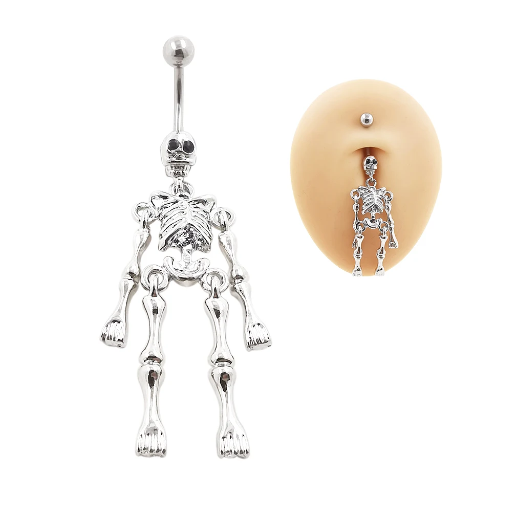 JHJT 1pc 14G Skull Belly Button Rings Stainless Steel Zirconia Dangle Skeleton Body Navel Belly Rings Piercing Jewelry