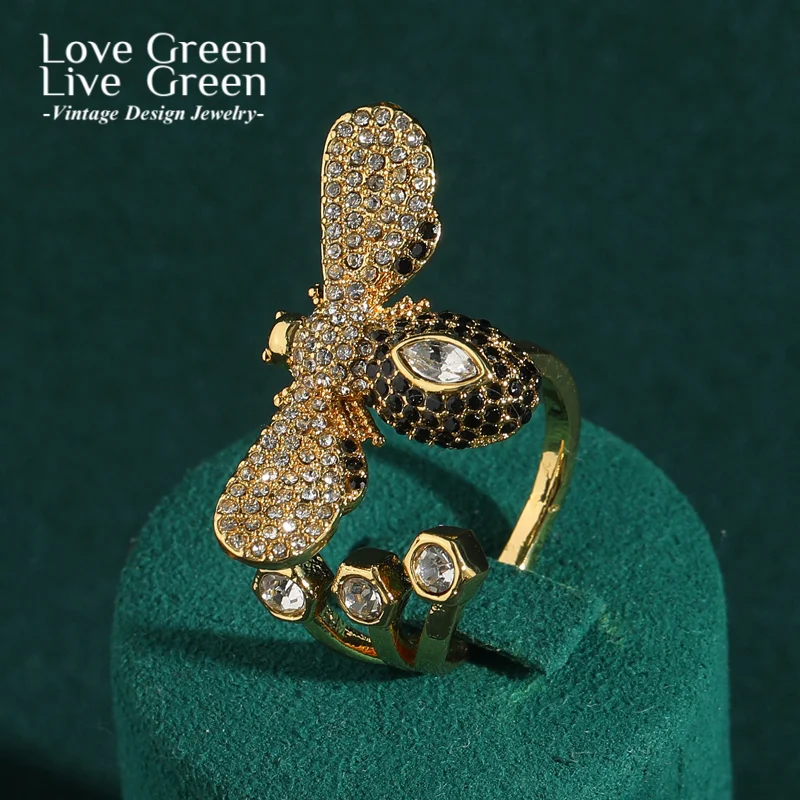 

Vintage Gold Color Rhinestones Black Bee Rings Luxury Antique Jewelry Accessories Party Engagement for Women New Arrival Boho