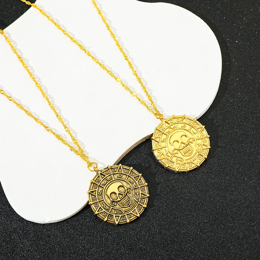 Pirates of the Caribbean Jack Sparrow Aztec Skeleton Skull Heads Coin Medallion Pendant Vintage Jewelry Necklace for Wholesale image 2