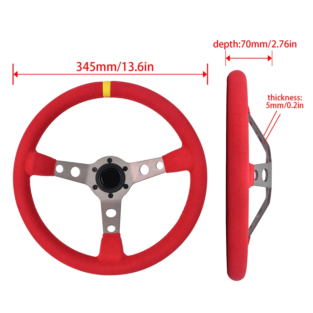 Universal 345mm Red Suede Leather Steering Wheel 3 Spokes Deep Concave Drift Sport Steering Wheel with Yellow Connector