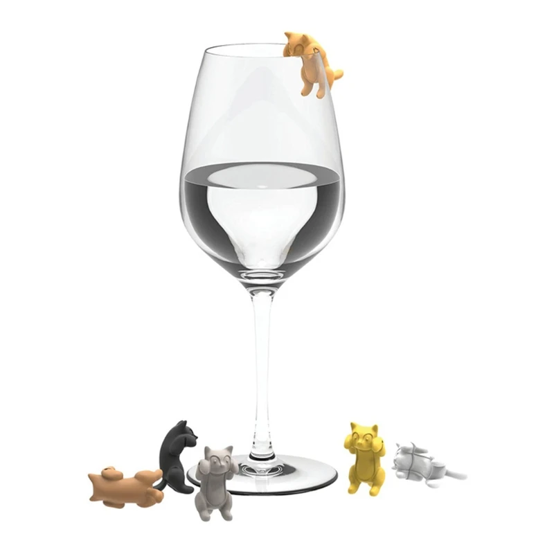 6Pcs/Set for Creative Silicone Lying for Cat Shaped Wine Glass Markers Cup Distinguisher Recognizer Drink Charms for Home Party