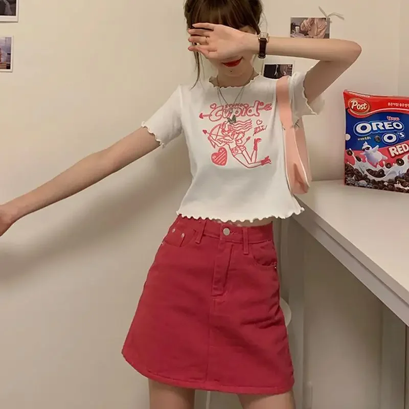 

Short Jeans Skirts for Women Gyaru Red Harajuku Y2k Vintage Luxury Elegant 2025 Trend Aesthetic V High Waist Woman Denim Skirt