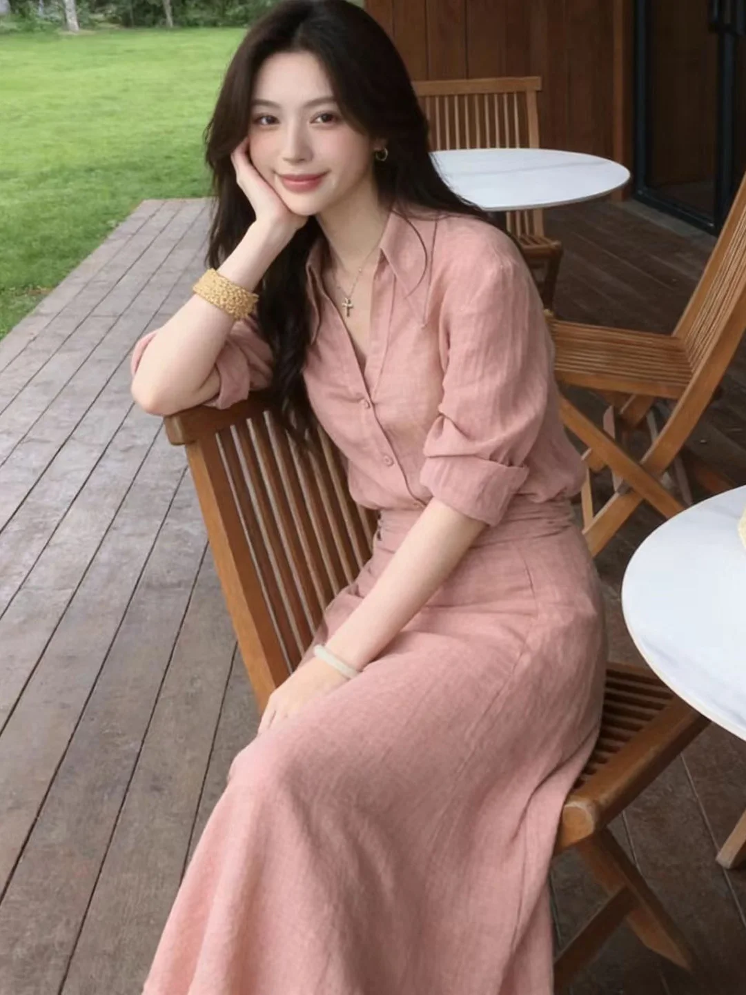 

Elegant Long Sleeve Sun Protection Shirt And Slimming Maxi Dress Two Piece Set Fashionable Versatile Women's Spring Outfit