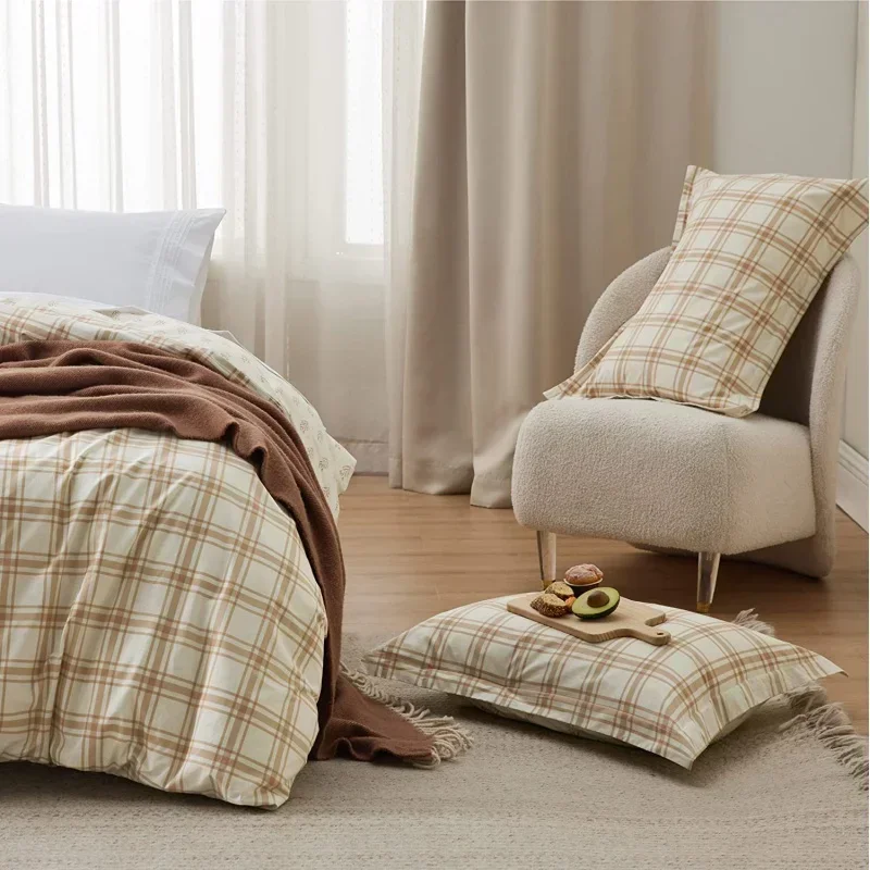 Duvet Cover Queen - Beige and White Duvet Cover Country Style with Zipper & Eight Ties 1 Quilt Cover 2 Pillow Covers