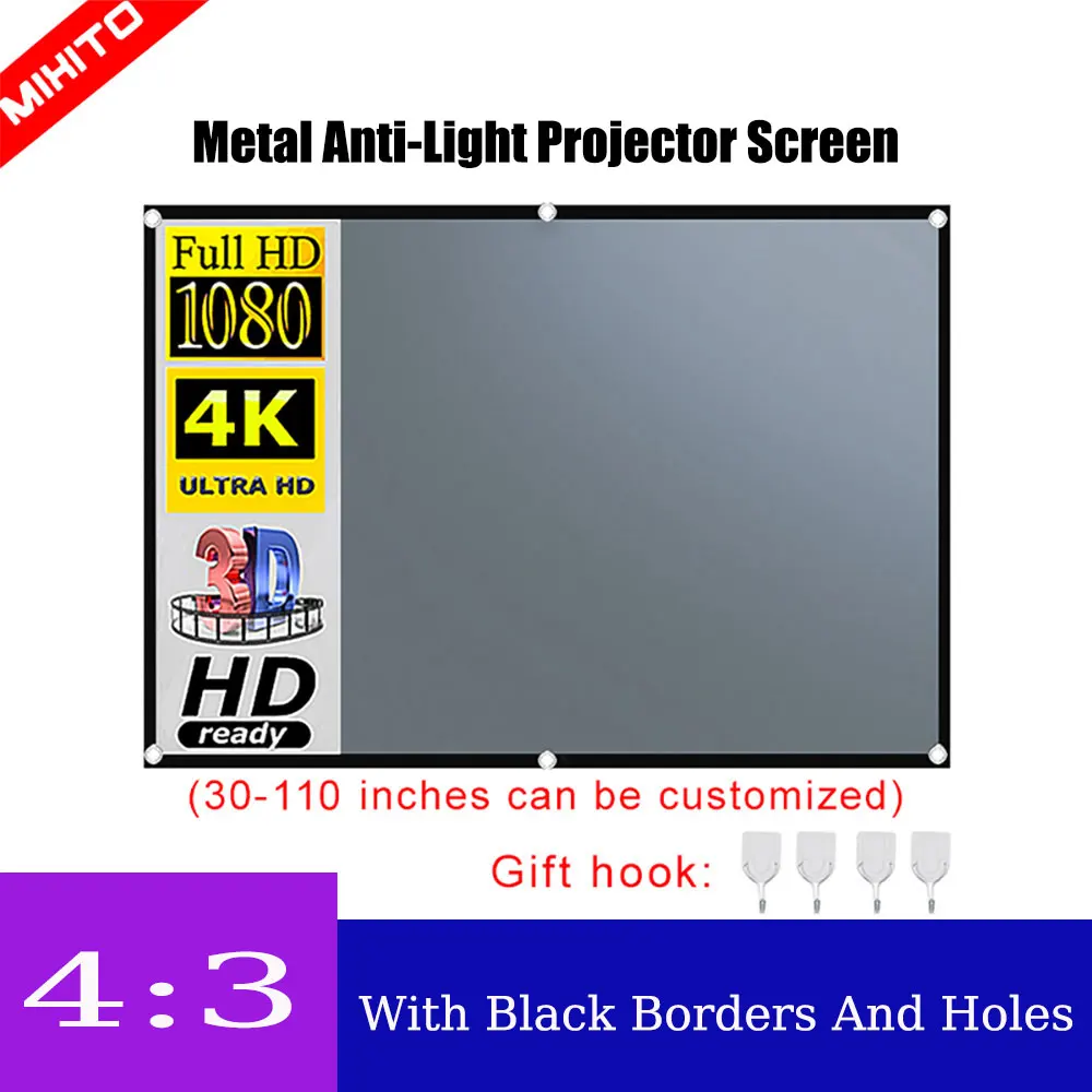 

MIXITO 4:3 Projector Anti-Light Curtain 50 60 72 84 92 100 110inches 3d HD Portable Projection Screen With Holes Outdoor Indoor