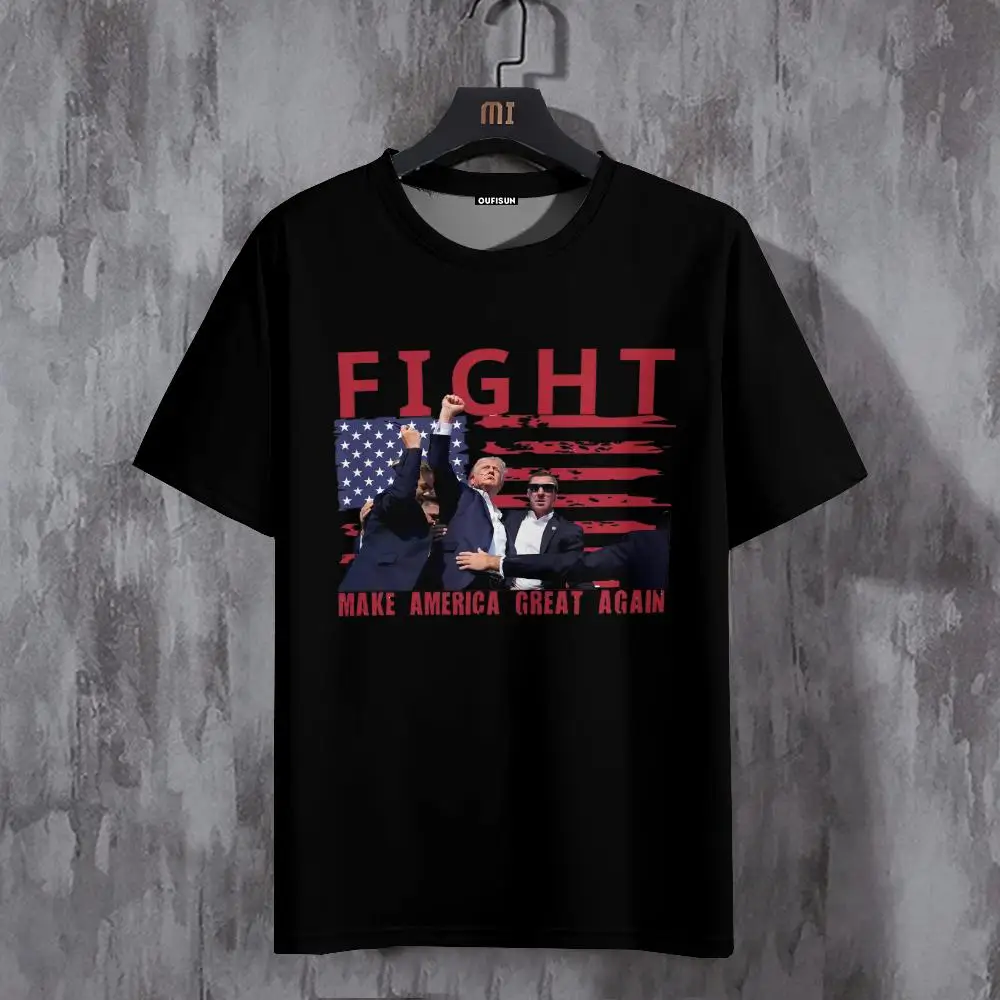 Donald Trump 2024 Assasination Attempt T-Shirts Men Fighting Shot Funny Pure Cotton Tee O Neck Shorts Sleeve T Shirt Summer Tops