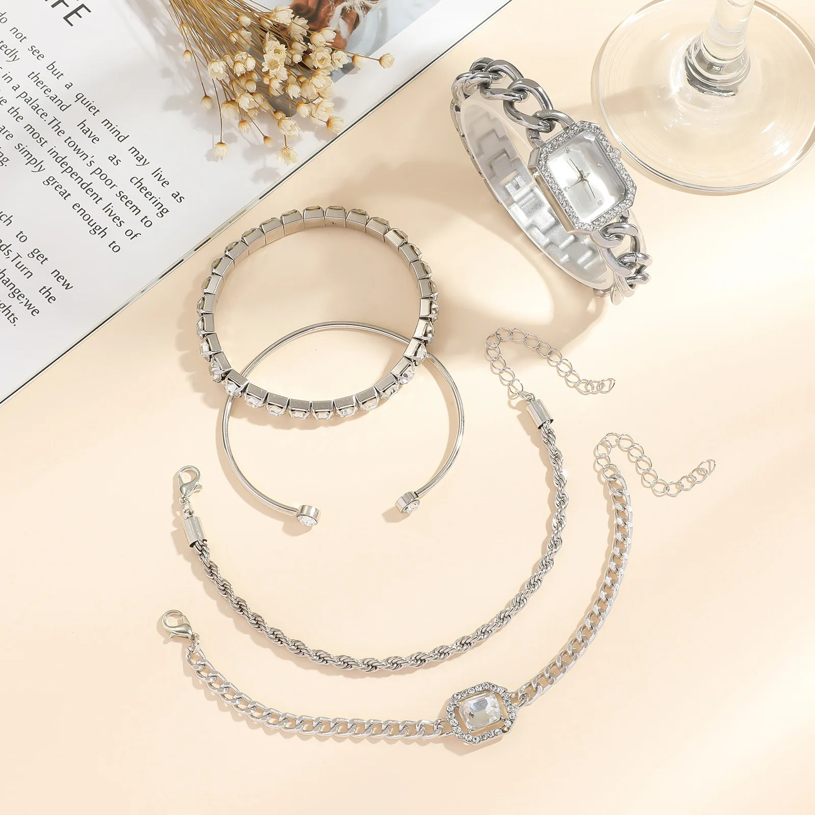 5pcs/set Stainless Steel Fashion Snake Chain Bracelet Geometric Rectangular Watch Bead Chain Stackable Bracelet Women's Jewelry