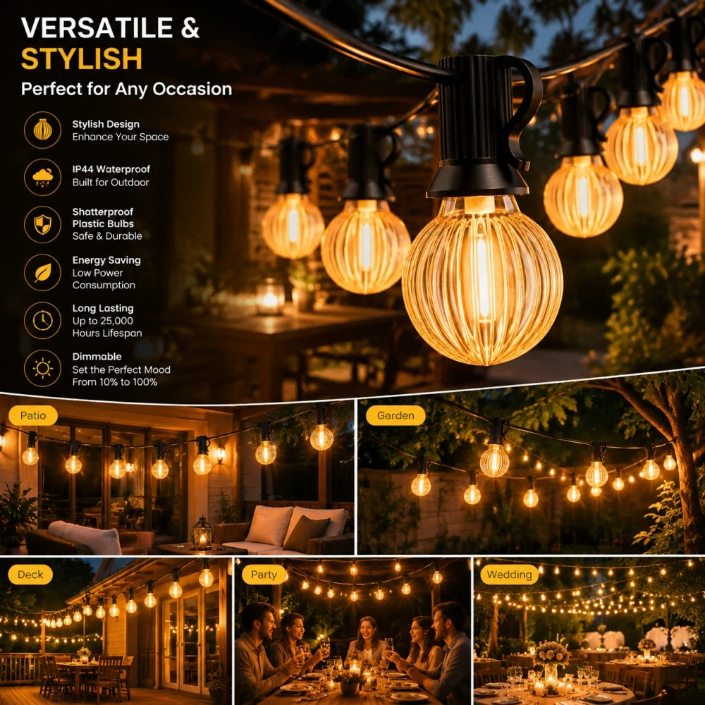 G40G LED String Lights E12 2700K Dimmable IP44 Shatterproof Outdoor Patio Garden Party EU Plug Warm White LED Bulbs