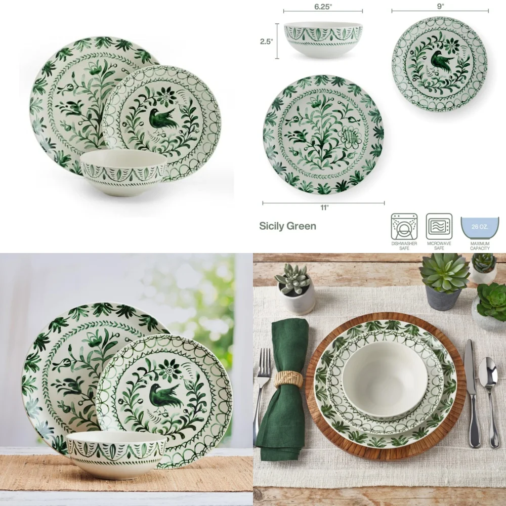 

Набор керамической посуды Набор зеленой посуды из 12 предметов на 4 входят тарелки и миски в современном сициальном стиле