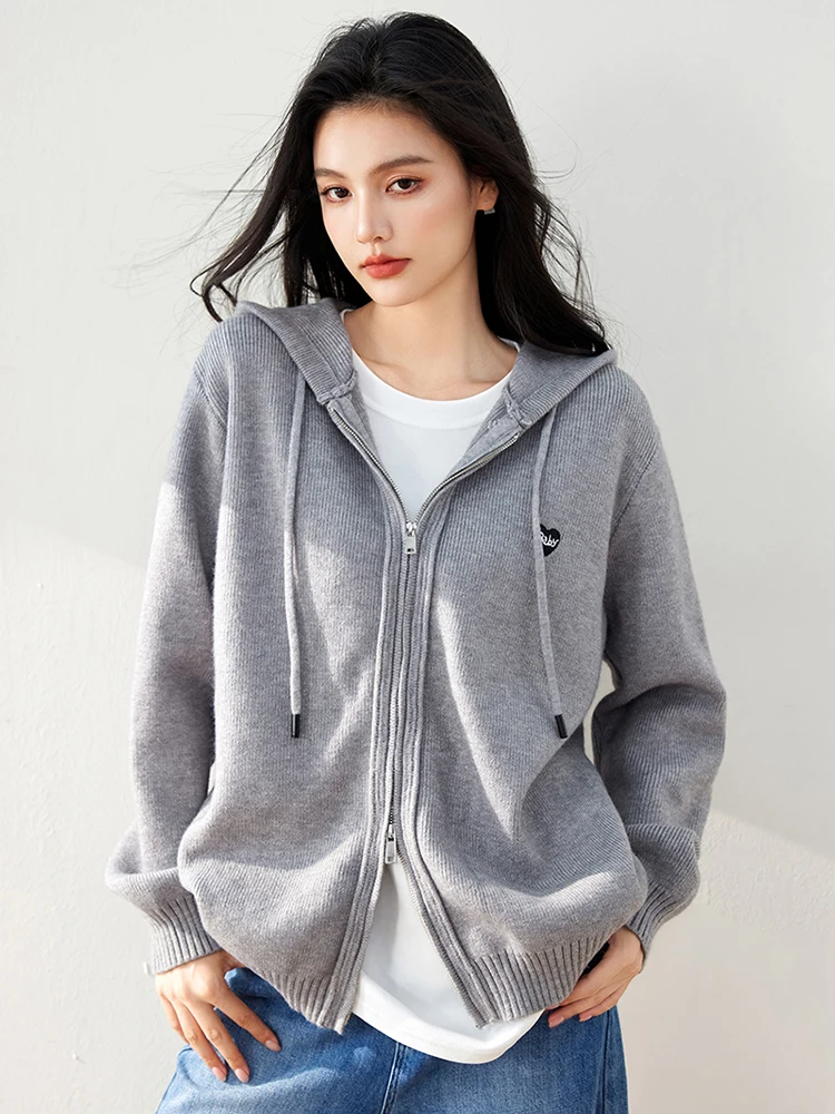 2024 Autumn Winter New Gray Preppy Style Double Zipper Hooded Cardigan Women\'s Loose Casual Soft Knitting Sweater Female Coat