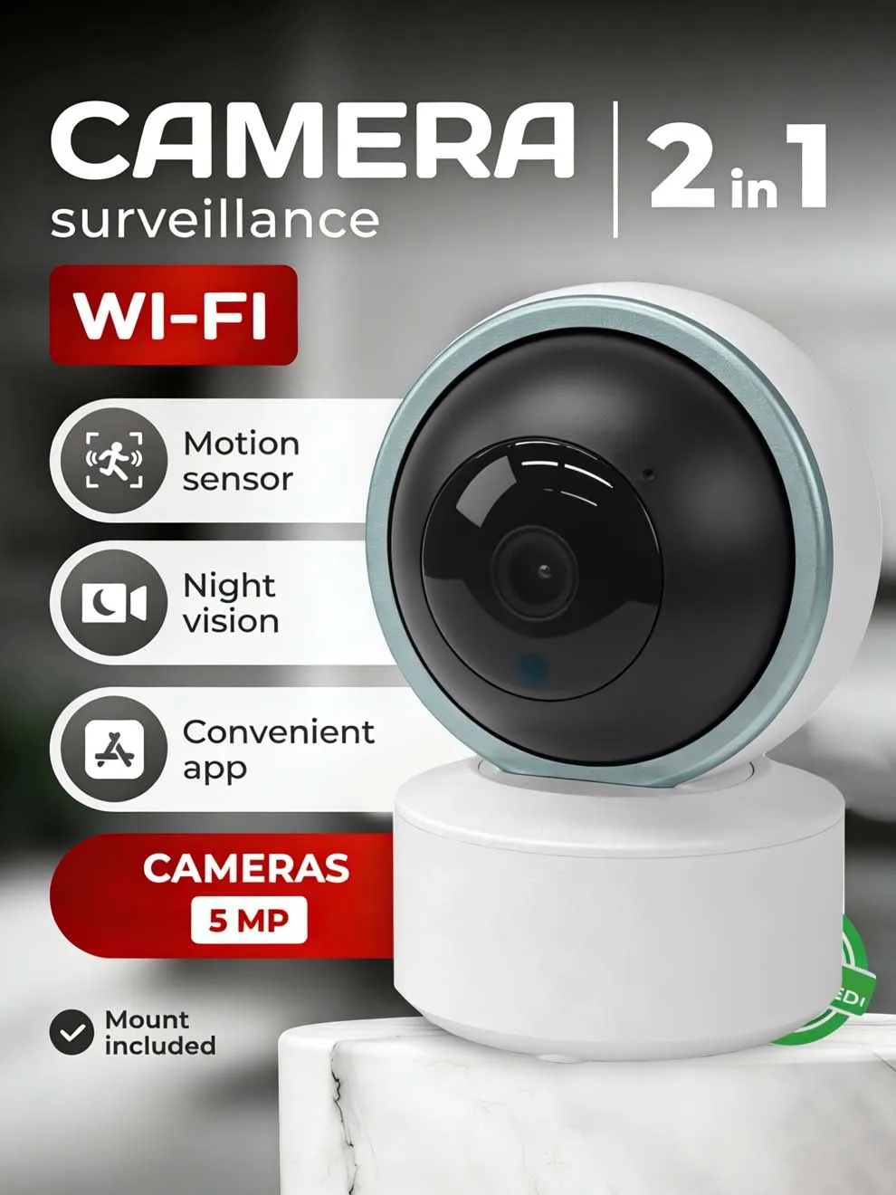 

Умная камера PEGATAH Tuya для безопасности и наблюдения, Wi-Fi, 2.4 ГГц, для помещений, ночное видение, 355 ° Панорамирование и наклон, двусторонняя аудиосвязь