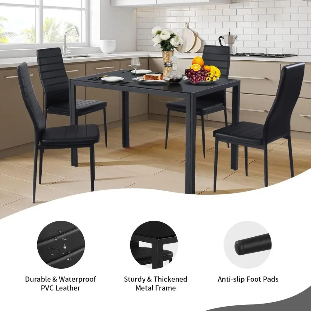 Moderne eetset met glazen blad voor 4 personen, compacte rechthoekige metalen tafel met leren stoelen voor kleine appartementen