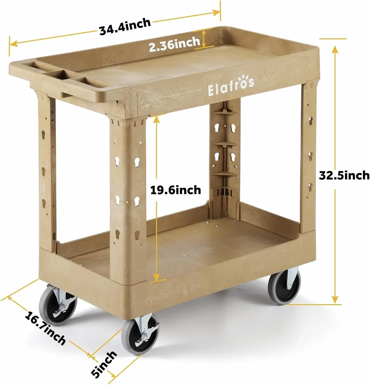 Plastic Utility Cart 34 x 17 Inch - Work Cart Tub Storage W/Deep Shelves and Full Swivel Wheels Safely Holds up to 550 lbs - 2 T