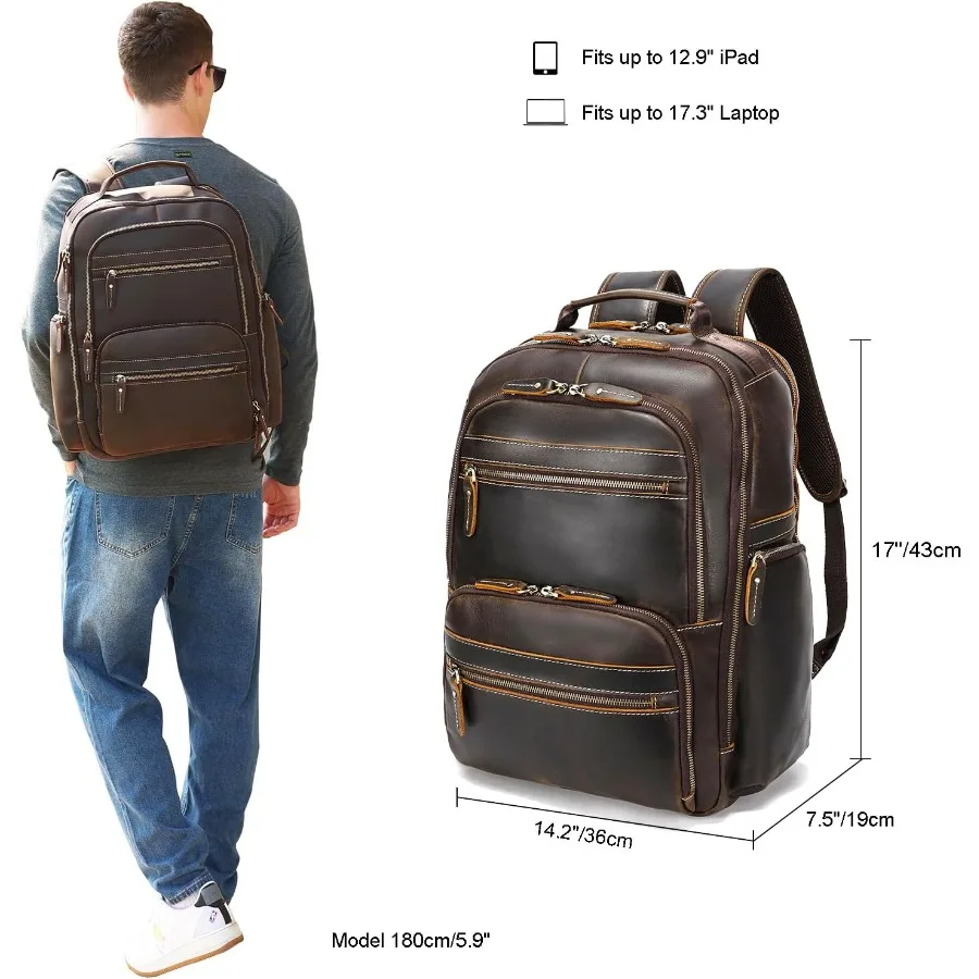 حقيبة ظهر كلاسيكية للرجال من LANNSYNE مصنوعة من الجلد المحبب بالكامل تناسب كمبيوتر محمول مقاس 17.3 بوصة حقيبة كتف كبيرة غير رسمية للسفر/التخييم/H #2