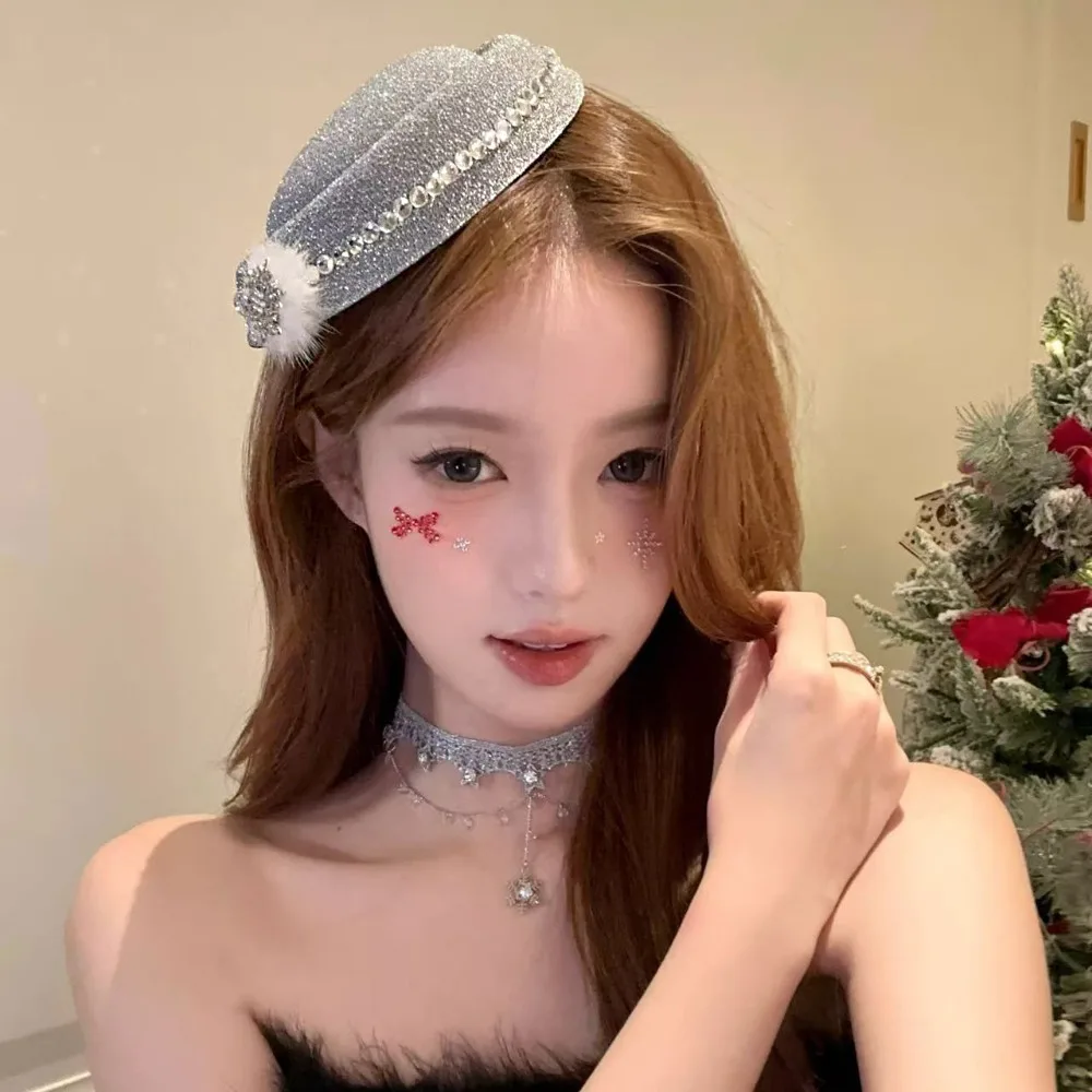 

Sweet Beret Fedoras Hat Hair Clip Velvet Rhinestone Red Top Hat Hairpin Formal Hat Snowflake Fascinator Hat Party Headwear