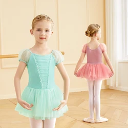 Girls Ballet Tutu Skirts Kids Splice V-Neck Dress Fluffy Short Sleeve Ballet Dress Toddlers Ballet Costumes Leotards